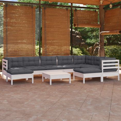 Salon de jardin 10 pcs Ensemble Table et Chaise de Jardin - avec coussins Blanc Bois de pin solide BV718285 - BonneVie (1/5)