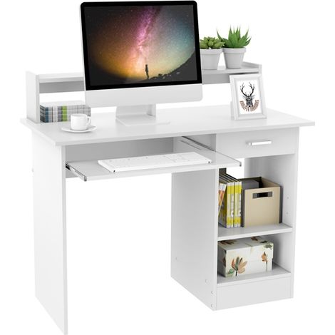 Homevive Mesa Escritorio Blanco con Soporte de Monitor para Oficina Despacho Mesa de Ordenador de Madera Mesa de Estudio con Cajón Estantes 106 x 50 x 75 cm Blanco
