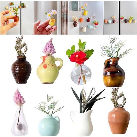 Ensemble de 8 mini vases aimantés pour réfrigérateur - unis - 5 couleurs - jolis mini vases aimantés pour réfrigérateur - vases pour plantes aimantés pour réfrigérateur (1/4)