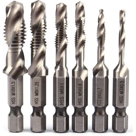 6pcs HSS Jeu de Foret Mèche à 1/4" Tige Hexagonale Set Robinet de Foreuse de Combinaison HSS Bit M3-M10 Filetage Métrique Drill Pour Bois fer Aluminium Argent (1/5)