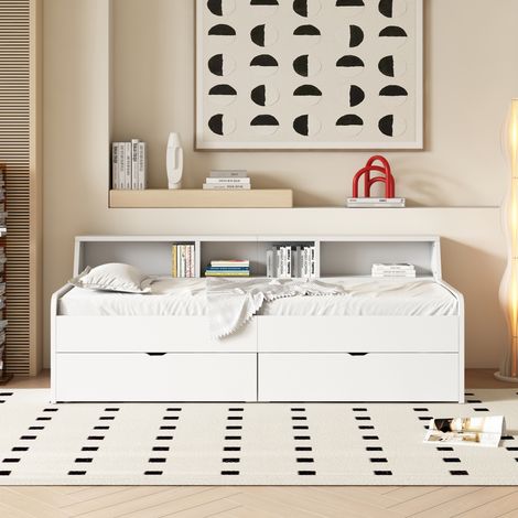 Lit 90x200 cm à tiroirs et compartiment de rangement, blanc, sommier simple avec espace de stockage (1/4)