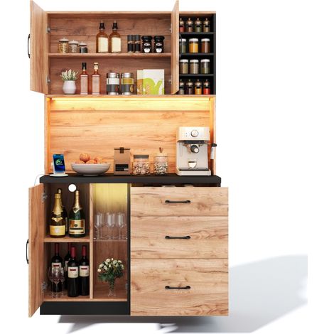 Armoire haute de cuisine 105 x 40 x 180 cm avec LED, étagères réglables, 3 tiroirs, prise USB et prises EU, meuble de rangement noir et bois clair  CHICFURN (1/5)