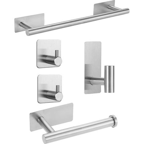 Set di cinque accessori da bagno, in argento, che comprende un portasciugamani da parete senza fori, un portarotolo di carta igienica e ganci per accappatoi. (1/5)