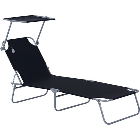 Sonnenliege klappbar Gartenliege mit Sonnenschutz Liegestuhl mit 4-Fach verstellbare Rückenlehne Campingliege bis 120kg belastbar für Garten, Balkon und Pool geeignet, 6 Farben(Schwarz )