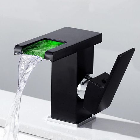 LED Waschtischarmatur Wasserhahn Wasserfall Auslauf mit 3 Farbewechsel Beleuchtung, Waschtisch Einhebelmischer für Badezimmer Küche Bad WC (Schwarz)