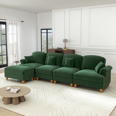 Klassisches modulares L-förmiges 4-Sitzer Sofa aus Chenille mit Trichter-Armlehnen, abnehmbarer Rüschenschürze, spindelförmigen Beinen & beweglichem Hocker – Tiefer, bequemer Sitz fürs Wohnzimmer,Grün