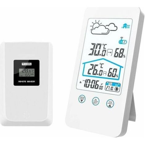 Wireless Weather Station, Wireless Indoor Digital Thermometer Humidity Barometer Weather Station Clock with Outdoor Sensor (White) (1/5)