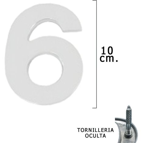 Métal Chiffre "6" Argent Mat 10 cm. avec vis cachées (Blister 1 pièce)