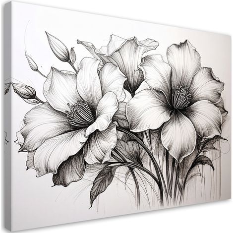 Quadro su tela, Fiori in un disegno in bianco e nero - 60x40 (1/2)