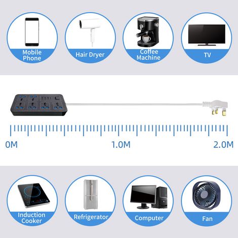 Multiprise 6 prises secteur 3 ports USB 1 port type C rallonge 6 pieds bureau maison, charge (1/5)