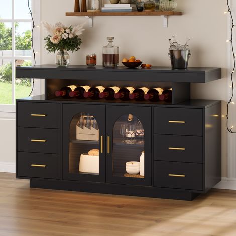 Mobile bar per vini 140x40x76 cm in MDF nero con LED RGB e vani portaoggetti – MEUBLIV (1/5)