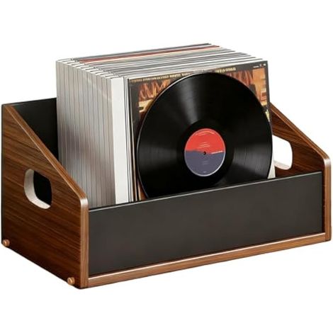Boîte de rangement pour disques vinyles – Caisse vintage en bois avec façade en acrylique noir, support d'album rétro pour décoration d'intérieur et collection de musique, peut contenir (1/5)