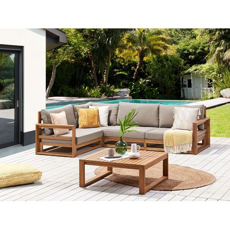 Conjunto de sala de estar esquinero 4 plazas de madera de acacia certificada clara derecho Timor II (1/5)