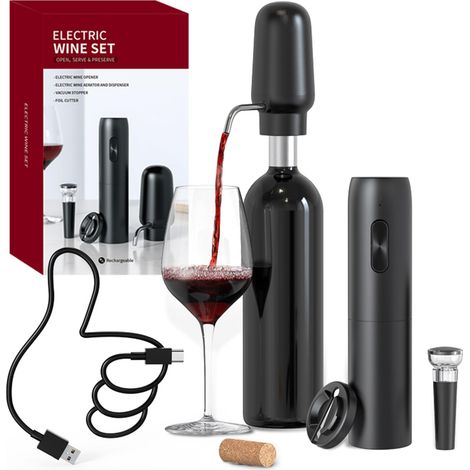 4-in-1 Elektrisches Korkenzieher-Set mit wiederaufladbarem Flaschenöffner, wiederaufladbarem Ausgießer, Folienschneider und Vakuum-Weinverschluss, Geschenkset für Weinliebhaber, Schwarz (1/5)