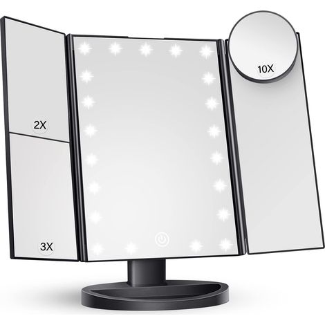 Espejo de maquillaje con luz, aumentos de 2X, 3X y 10X, iluminado, control táctil, doble fuente de alimentación, portátil, LED, regalo para mujer (negro)