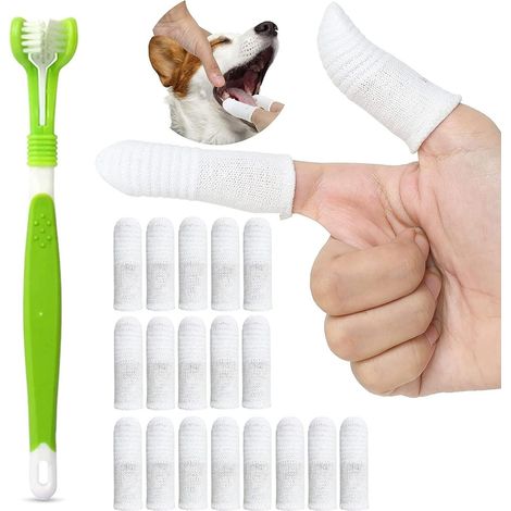 18 Pièces Brosse à dents pour chien, 1 pièce brosse à dents triple tête, doigtier réutilisable anti-plaque 360° (1/5)