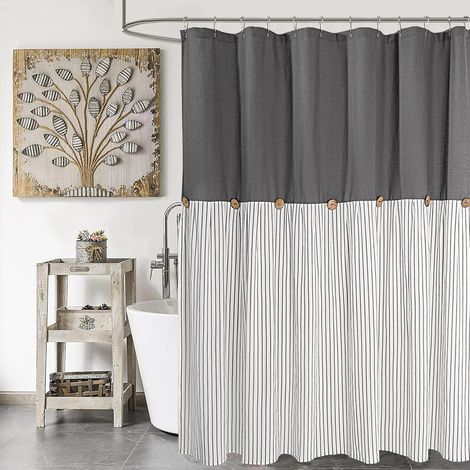 Rideau de douche en lin et coton Style maison de campagne Rayures grises Boutons Tissu tissé Plissé 180 x 180 cm (1/5)
