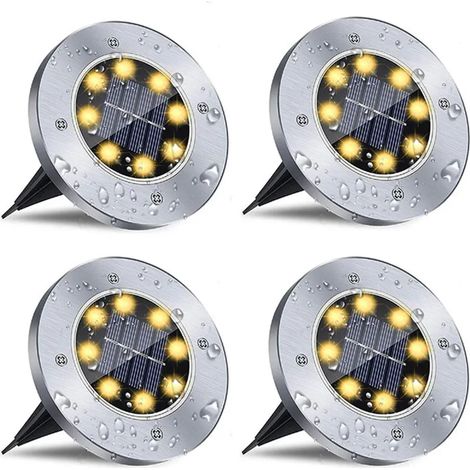 Juego de 4 luces solares de disco de 8 LED para jardines exteriores, iluminación solar empotrada, luces de patio, focos, luces solares LED empotradas en el suelo - Luz cálida (1/5)