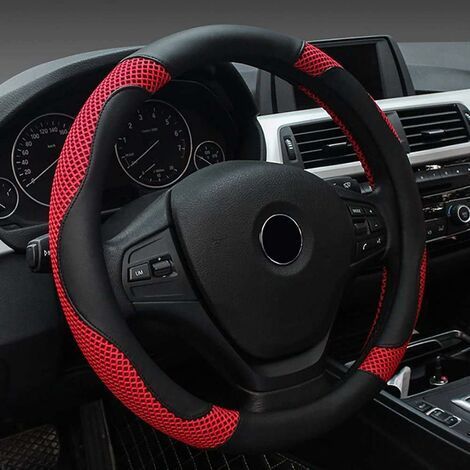 Housse de volant de voiture, housse de volant universelle en cuir PU 38CM, housse de protection de volant, protection universelle de couverture de volant souple 38CM anti-dérapant noir rouge (1/5)