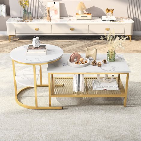 Set de mesas de centro apilables estilo lujo ligero dorado con tablero efecto mármol (1/5)