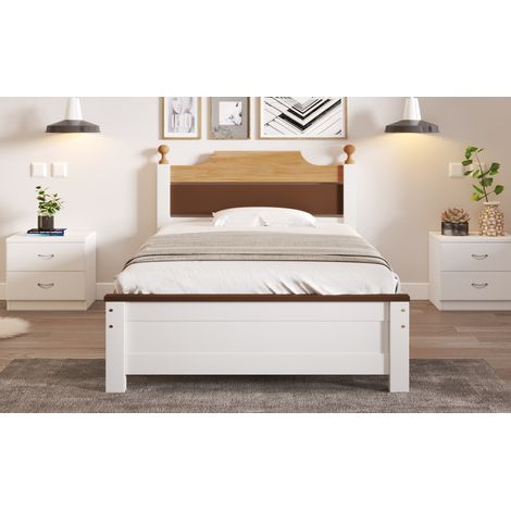 Lit simple en bois, cadre en pin avec pied central, lit enfant et adulte, tête et pied de lit en MDF, style contrasté, blanc, 90x200 cm (1/5)