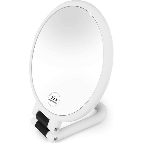 Double-sided makeup mirror, 1x 15x magnifying hand mirror with 360° folding handle, hanging makeup mirror, small portable travel mirror for girls and women - White (1/5)