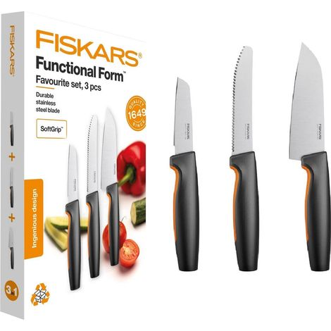 Fiskars Set di coltelli da cucina, 3 pezzi, Functional Form, Inclusi Coltello da cucina (piccolo), Coltello per pomodori, Spelucchino, Acciaio inox giapponese/Plastica, 1057556 (1/5)