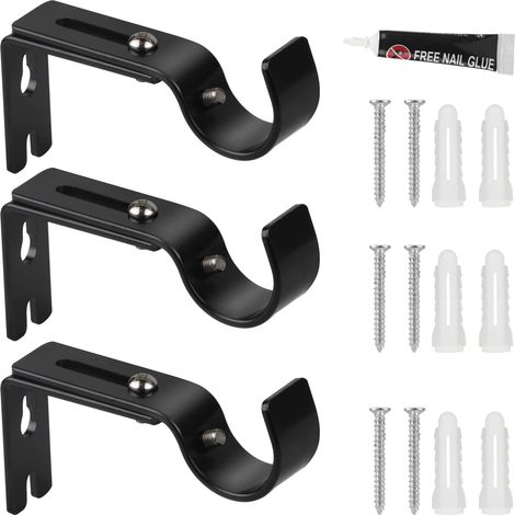 Juego de 3 soportes metálicos ajustables para barra de cortina - Diámetro: 20 a 25 mm - Longitud ajustable: 3 cm - Barra de cortina autoadhesiva y resistente a la perforación - Para uso en el hogar y