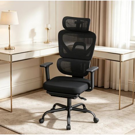 Ergonomischer Dreh-Bürostuhl mit Fußstütze, 3D-Kopfstütze und Lordosenstütze, Schwarz (1/5)