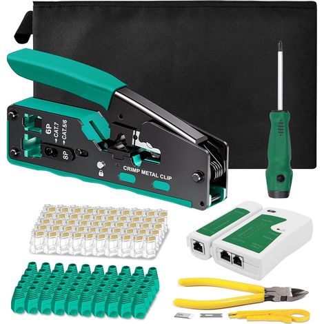 Este kit de herramientas de crimpado RJ45 incluye una herramienta de crimpado RJ45 de orificio recto para cables Ethernet CAT7/6A/6/5E/5.
