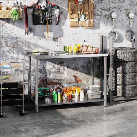 Table de travail, établi d'atelier en acier inoxydable 2 étagère, pour atelier, garage, hangar, argenté, 120x60x86cm