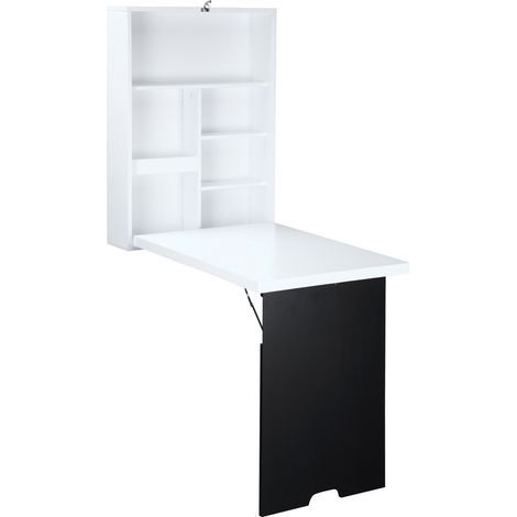 Bureau Mural Pliable Table Murale Rabattable Suspendue sur Pied étagère + Tableau à Craie intégré MDF Blanc
