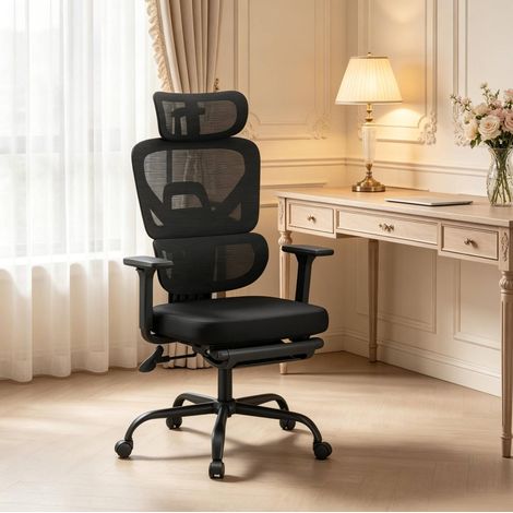 Silla de oficina ergonómica giratoria, respaldo ajustable, reposapiés plegable, negra OKMYHOME (1/5)