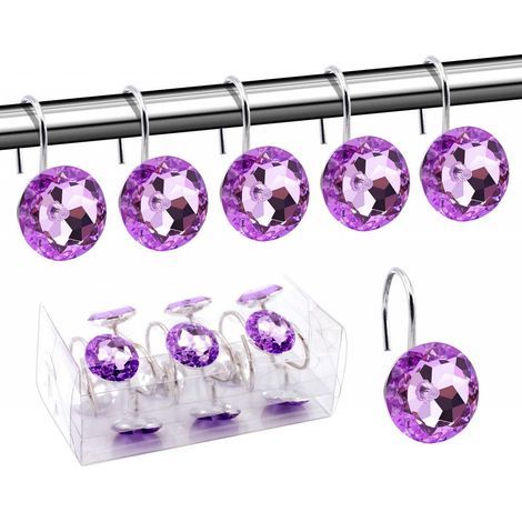 Lot de 12 anneaux décoratifs en acrylique pour rideau de douche violet avec strass, pour salle de bain, chambre de bébé, salon (violet) (1/5)