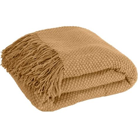 SACASA - Manta plaid marrón tostado texturizado y con flecos 130x170cm DENARLA