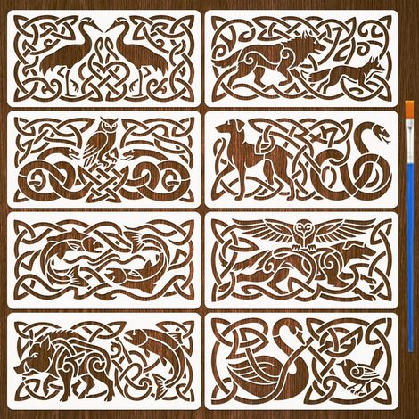 8 Pièces Pochoirs Motifs Animaux avec un Pinceau 30x15cm Pochoirs Peinture Hibou Chien Pochoir Serpent Requin Cochon Oiseau Loup PET Gabarit Thèmes Animaux pour Bois Mur DIY (1/5)