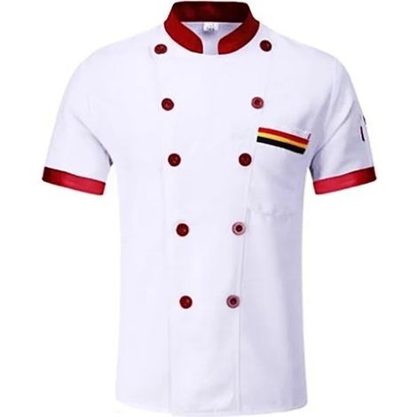 Uniforme De Chef À Manches Courtes - Col Rouge Et Blanc Double Boutonnage - Pour Cuisine Restaurant Hôtel - Taille M (1/5)