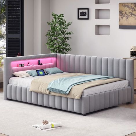 lit gigogne 140x200, usage quotidien banquette lit, revêtement velours doux, LED multicolore, ports USB (1/5)