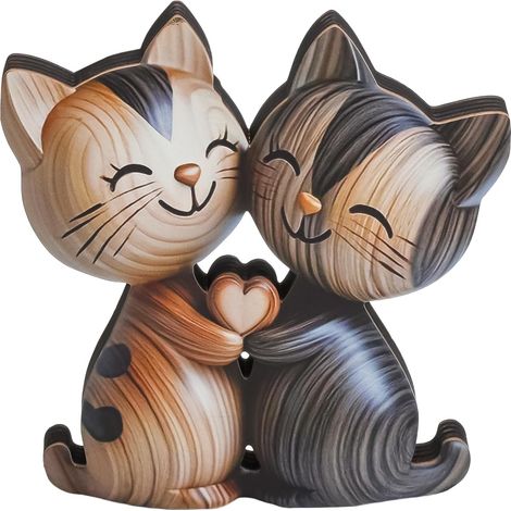 Figurine décorative de chat en bois, Figurine plate 2D en bois pour bureau, étagère et salon, cadeau chat et décoration en bois pour couple amoureux (1/4)