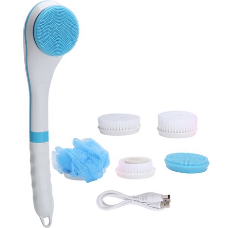 Brosse de bain électrique bleue, 5 têtes, manche long massage, 6 vitesses réglables, multifonction (1/5)