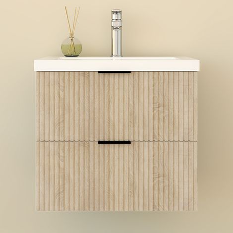 Biubiubath Meuble de Salle de Bain suspendu 60 cm Chêne - Avec 2 tiroirs + vasque (1/5)