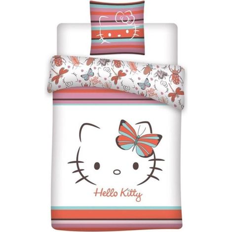 Parure de lit double blanche et rose - Hello Kitty avec un papillon multicolore - 140x200 cm