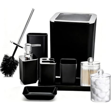 Ensemble de 9 Accessoires Salle de Bain, Complet avec Brosse WC Set, Poubelle, Porte Cotons Tiges, Distributeur de Savon et Porte Brosse à Dents, Plateau et Gobelet