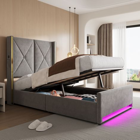 letto contenitore 90x200 USB LED velluto grigio OKMYHOME (1/5)