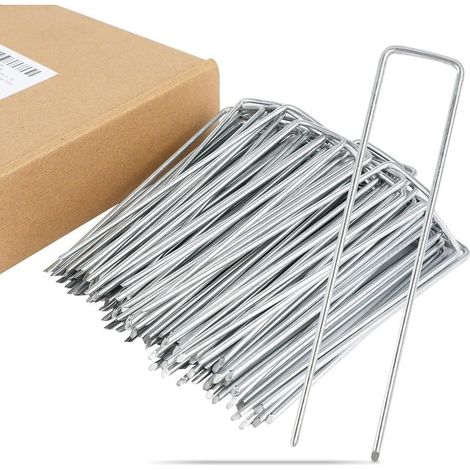Set 100 Piquets en acier galvanisé Ø2.5mm 100x40mm ancrage au sol de U Ancrage au Sol Stable pour Toile Anti-Mauvaises Herbes, Toile de Jardin, Clôture et Camping (1/5)