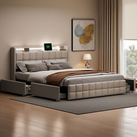Cama 160x200, ORAB, USB, LED, cama doble, marco de cama para adultos 160x200 cm, tejido de lino, beige