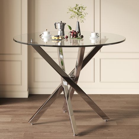 Mesa de comedor redonda, 80 x 80 x 75 cm, tablero de vidrio templado, mesa moderna, patas galvanizadas, mesa de centro/salón, mesa de comedor elegante y moderna, color plata. (1/5)