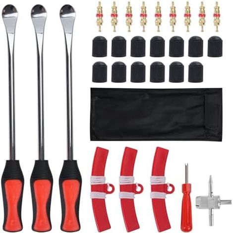 31 Pcs Demonte Pneu Voiture Moto Trottinette, Protecteurs de Jante, Démonte-pneus Manuels en Métal, Outils Changement Réparation Décapant, clé valve 4 1, embouts et bouchons - (1/5)