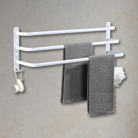 Porte-serviettes mural blanc à 3 niveaux (50 cm) en aluminium avec 2 crochets, idéal pour salle de bain, hôtel et cuisine. (1/5)
