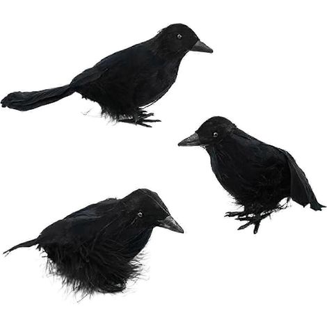Lot de 3 corbeaux d'Halloween à plumes noires, faits main, décorations pour fêtes costumées et Halloween.-Style A (1/5)